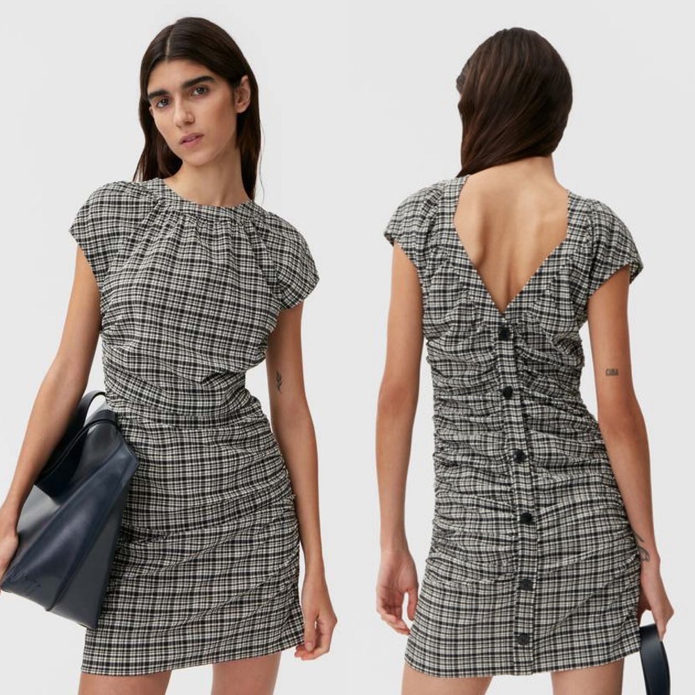 Ganni Black White Check Seersucker‎ Ruched Button Back Mini Dress Size 40 US 8